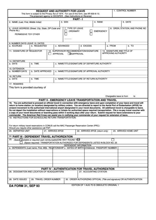 Fillable Da Form 31 Request And Authority For Leave printable pdf