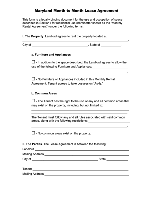 Fillable Maryland Month To Month Lease Agreement Template printable pdf ...