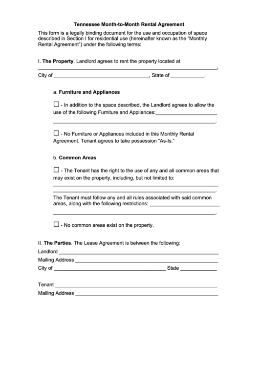 Fillable Tennessee Month-To-Month Rental Agreement Template Printable pdf