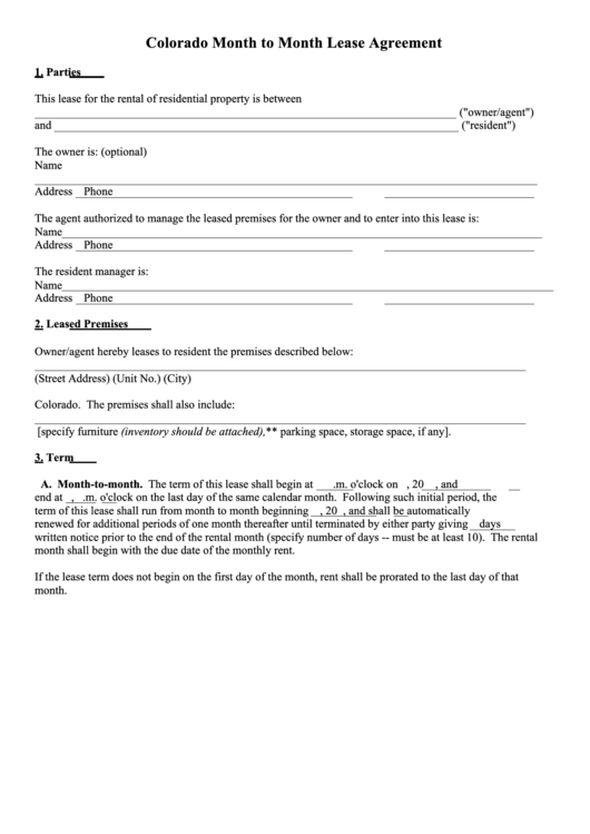 Fillable Colorado Month To Month Lease Agreement Form/sample Form Printable pdf