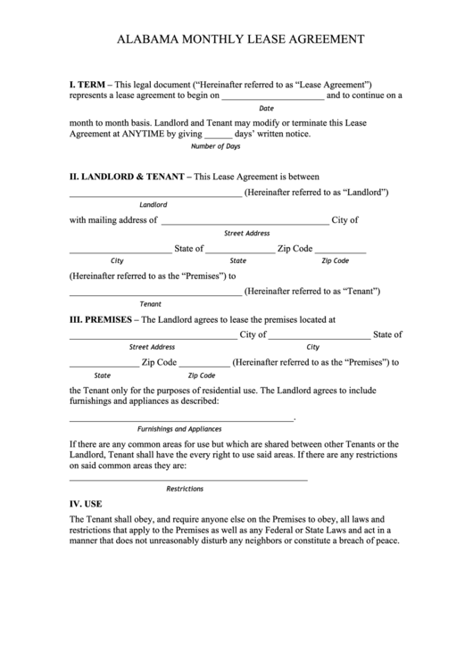 Fillable Alabama Monthly Lease Agreement Template printable pdf download