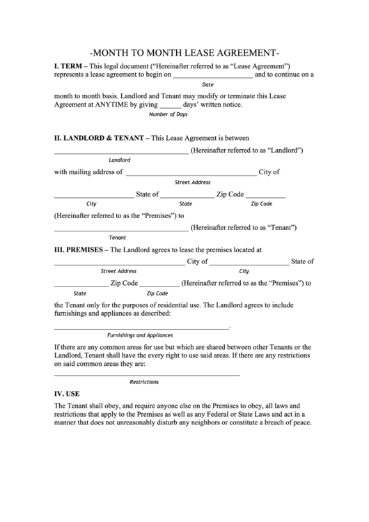 Fillable Month To Month Lease Agreement Template Printable pdf