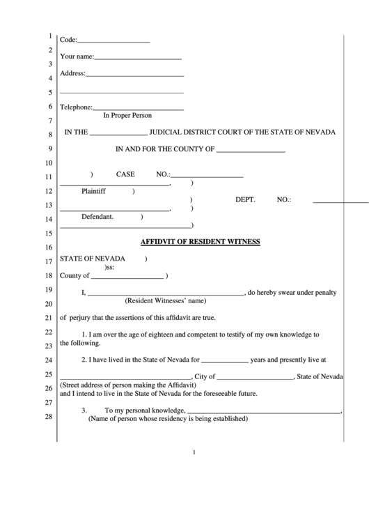 Fillable Affidavit Of Resident Witness Template Printable pdf