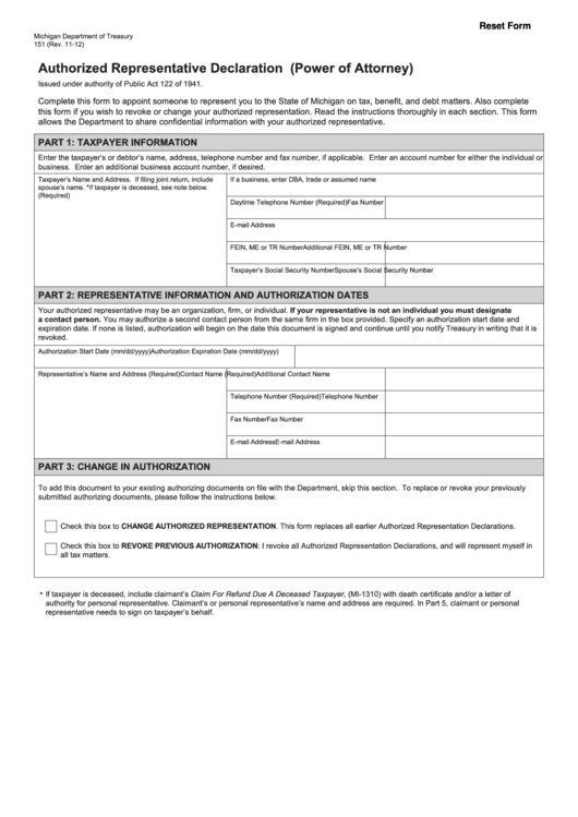 Fillable Authorized Representative Declaration Power Of Attorney Printable pdf