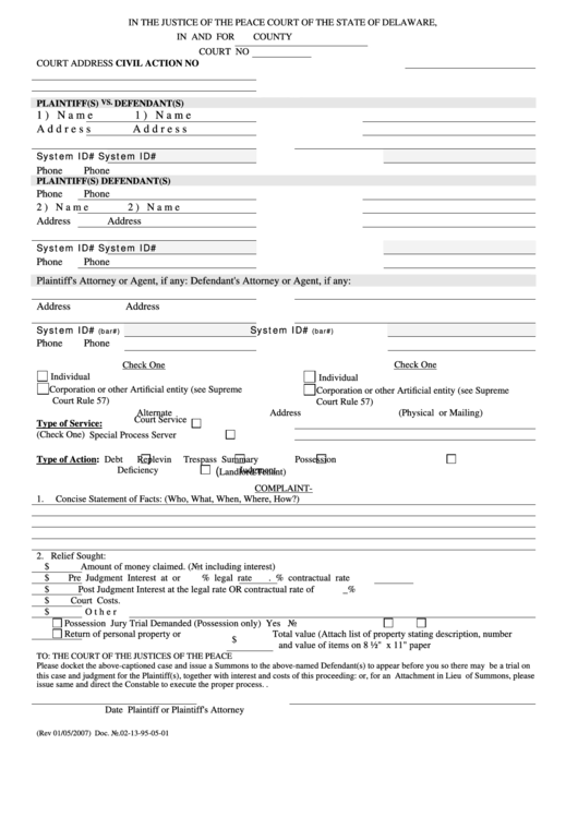Fillable Peace Court Of The State Of Delaware Court Form Printable pdf