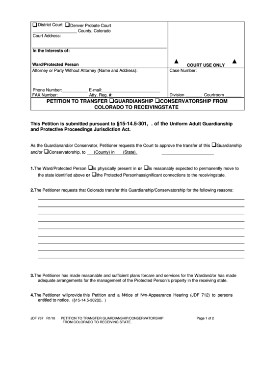 Fillable Colorado Court Forms Petition To Transfer Guardianship Conservatorship From Colorado To Receiving State Printable pdf