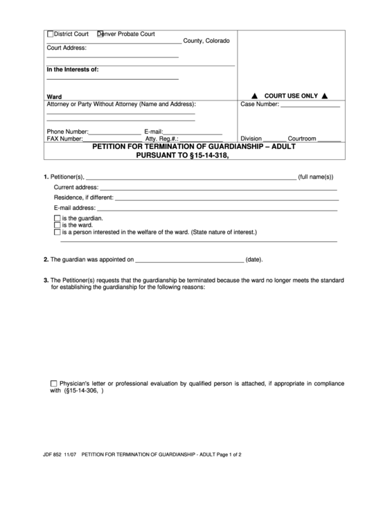 Fillable Form Jdf 852 - Petition For Termination Of Guardianship - Adult Printable pdf