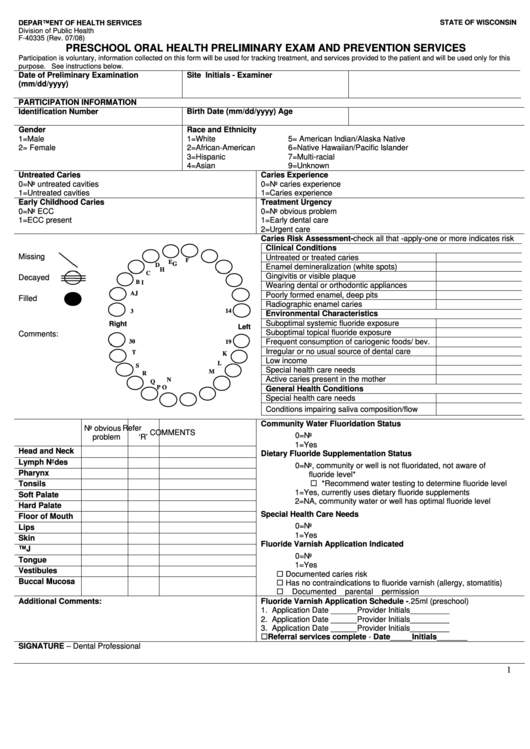 Preschool Oral Health Preliminary Exam Form And Prevention Services Printable pdf
