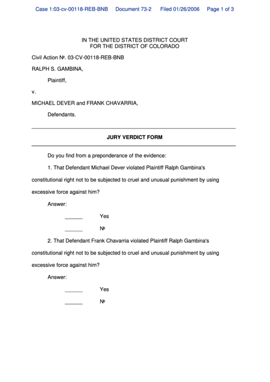 Jury Verdict Form - Colorado Court Forms Printable pdf