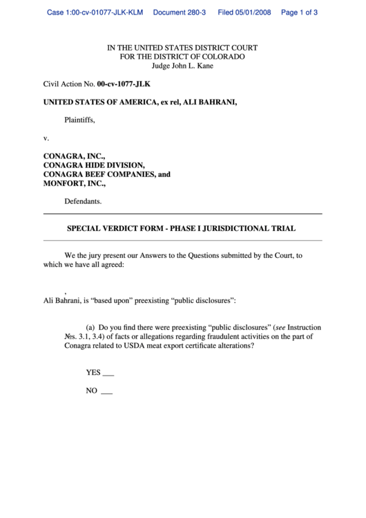 Special Verdict Form - Phase I Jurisdictional Trial Printable pdf