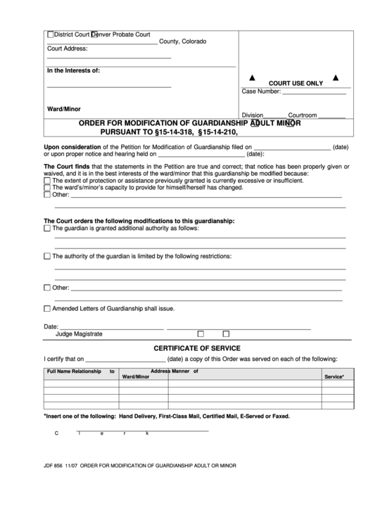 Fillable Colorado Court Forms Order For Modification Of Guardianship Adult Minor Pursuant Printable pdf