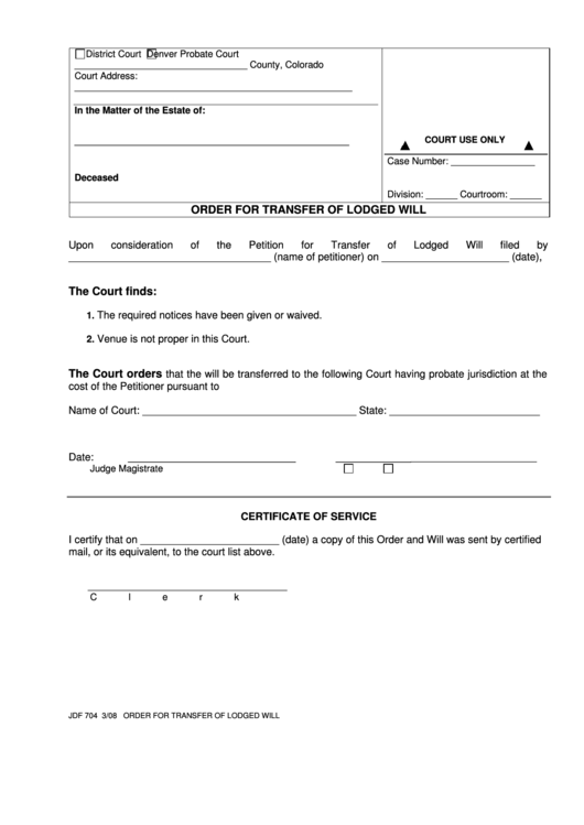 Fillable Order For Transfer Of Lodged Will Printable pdf