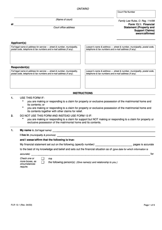 Financial Statement (Property And Support Claims) Printable pdf