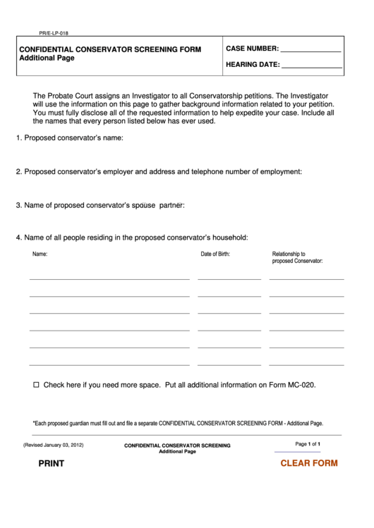 Fillable Confidential Conservator Screening Form Printable pdf