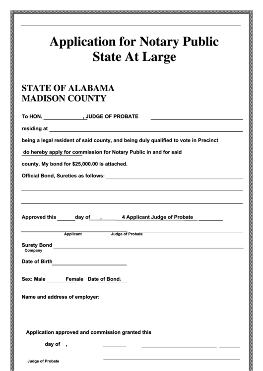 Fillable Application For Notary Public State At Large Printable pdf