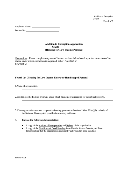 Fillable Addition To Exemption Application Form Printable pdf