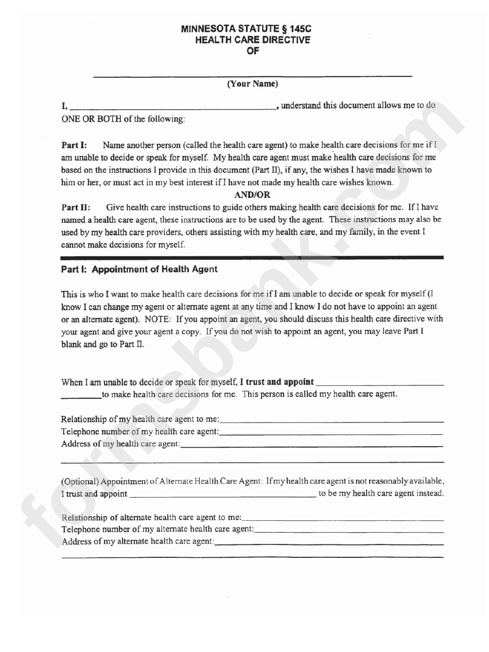 Minnesota Health Care Directive Form printable pdf download