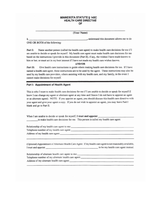 Minnesota Health Care Directive Form Printable pdf