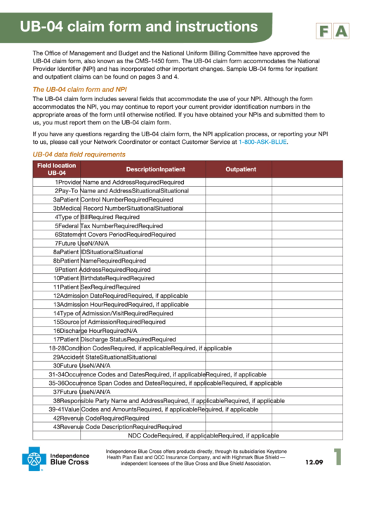 Ub 04 Claim Form And Instructions Printable Pdf Download