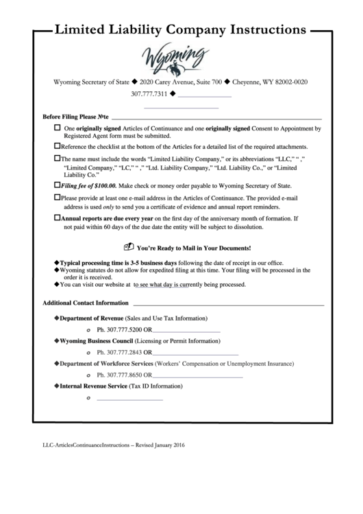 Fillable Foreign Limited Liability Company Articles Of Continuance - Wyoming Secretary Of State Printable pdf