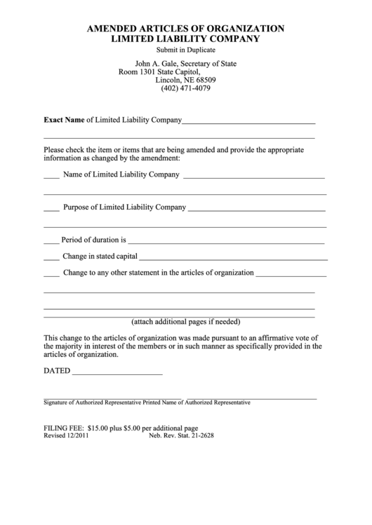 Fillable Form Amended Articles Of Organization Llc - Ne Secretary Of State Printable pdf