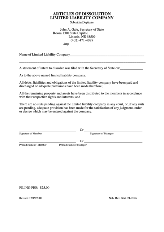 Fillable Form Articles Of Dissolution Llc - Ne Secretary Of State Printable pdf