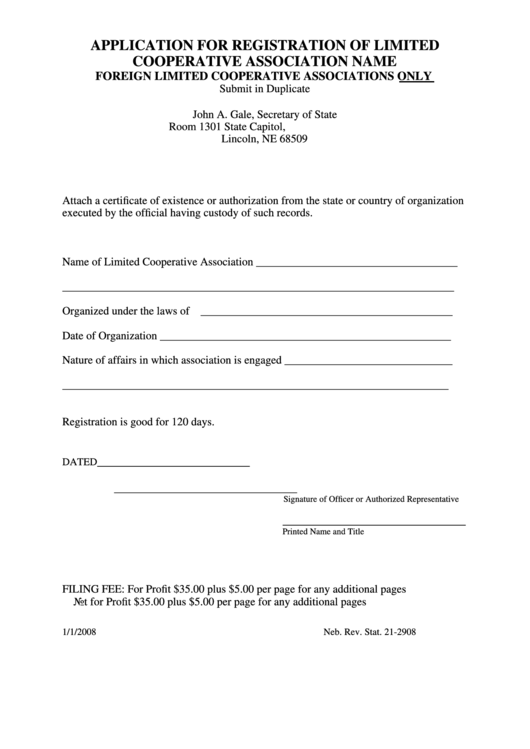 Application For Registration Of Limited Cooperative Association Name Foreign Limited Cooperative Associations Only - Nebraska Secretary Of State Printable pdf