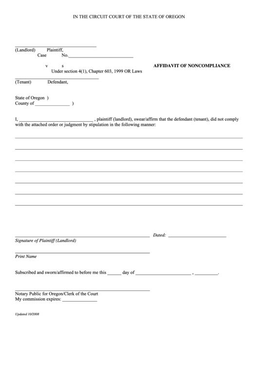 Fillable Affidavit Of Noncompliance Oregon Court Forms Printable pdf