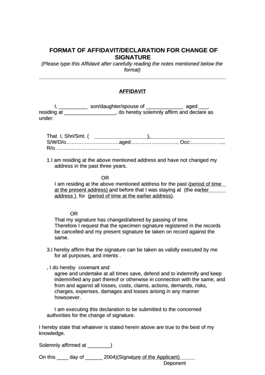 Format Of Affidavit/declaration For Change Of Signature Printable pdf