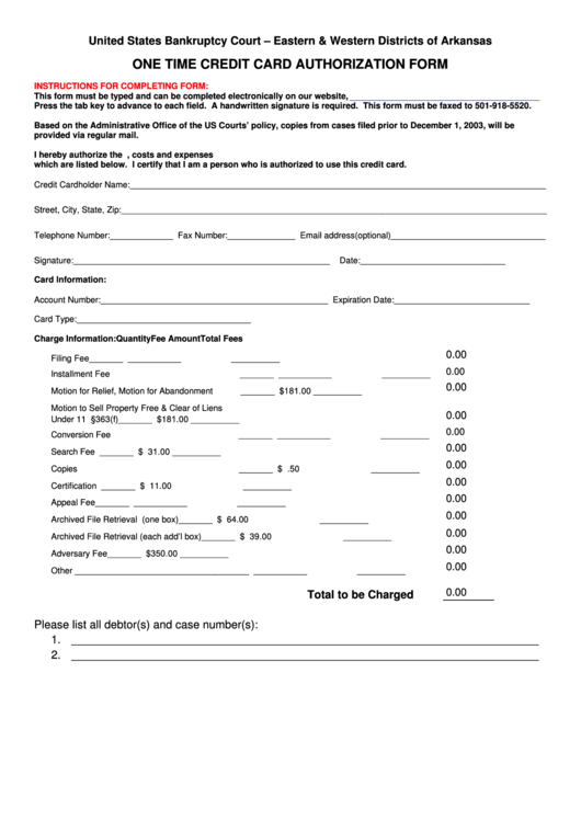 Fillable United States Bankruptcy Court - One Time Credit Card Authorization Form Printable pdf