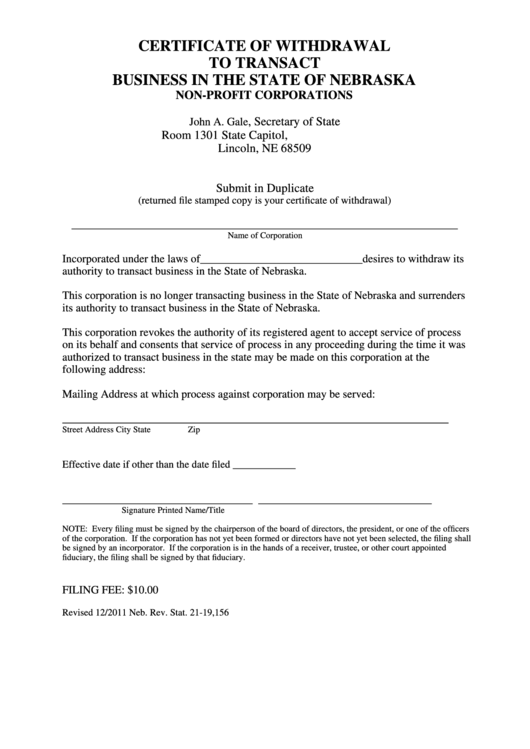 Fillable Certificate Of Withdrawal To Transact Business In The State Of Nebraska Non Profit Corporations - Nebraska Secretary Of State Printable pdf