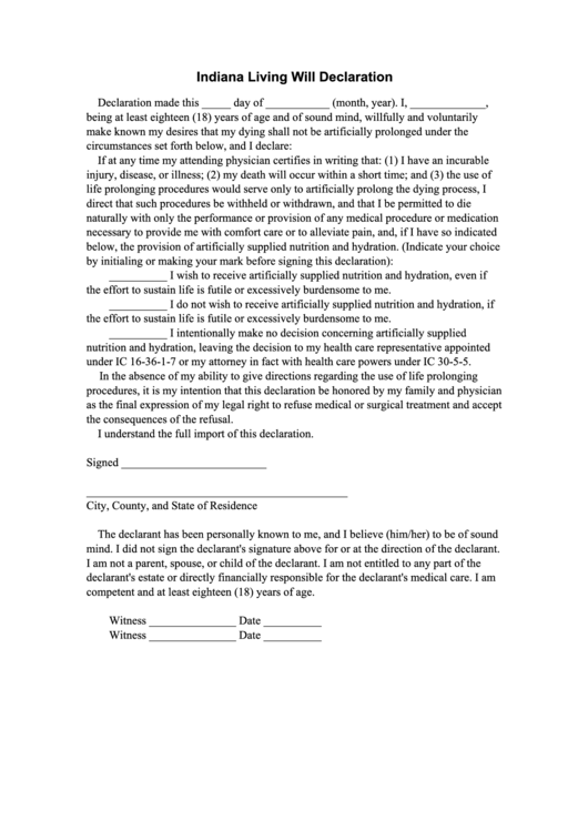 Indiana Living Will Declaration Printable pdf