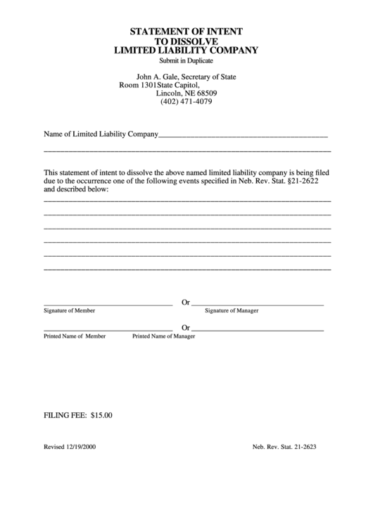 Fillable Statement Of Intent To Dissolve Llc Form - Ne Secretary Of State Printable pdf