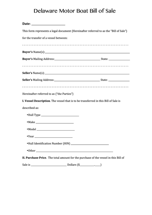 Fillable Delaware Motor Boat Bill Of Sale Form Printable pdf