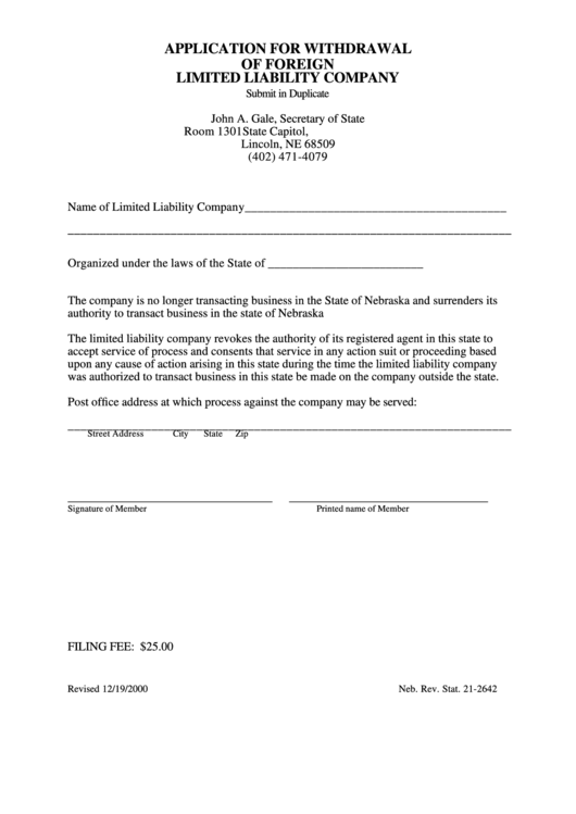Fillable Application For Withdrawal Of Foreign Limited Liability Company - Nebraska Secretary Of State Printable pdf