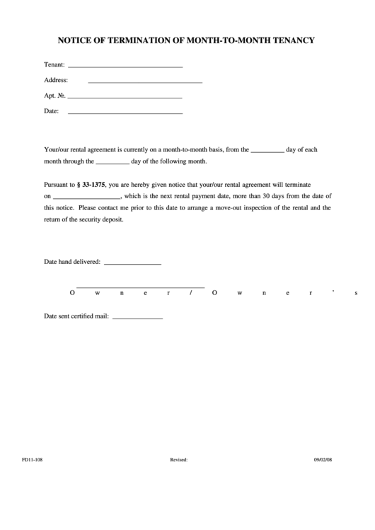 Fillable Notice Of Termination Of Month To Month Tenancy Printable Pdf 