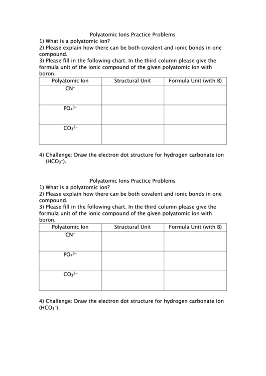 Polyatomic Ions Practice Problems Worksheet Printable pdf