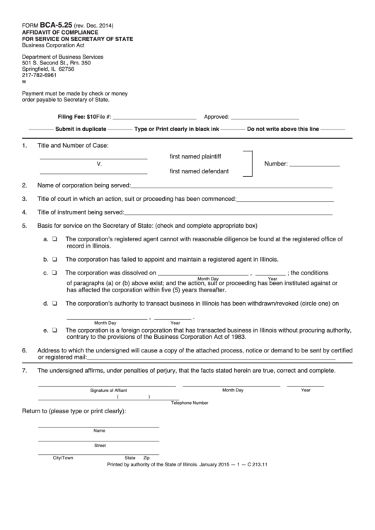 Fillable Form Bca-5.25 - Affidavit Of Compliance For Service On Secretary Of State - Business Corporation Act Printable pdf