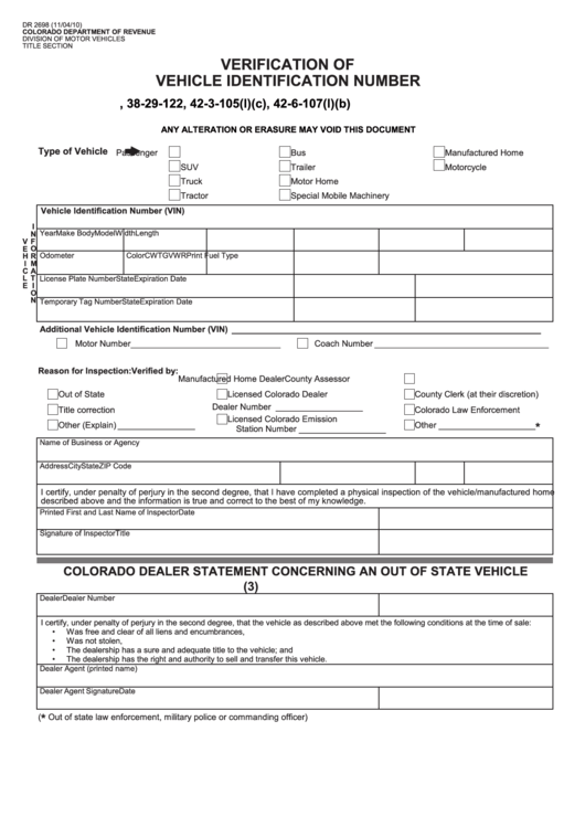 Fillable Form Dr 2698 - Verification Of Vehicle Identification Number Printable pdf