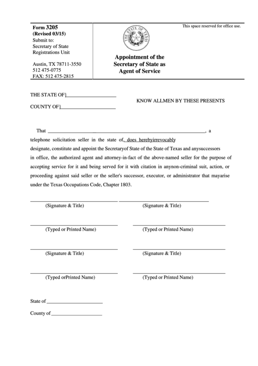 Fillable Form 3205 - Appointment Of The Secretary Of State As Agent Of Service - Texas Secretary Of State Printable pdf