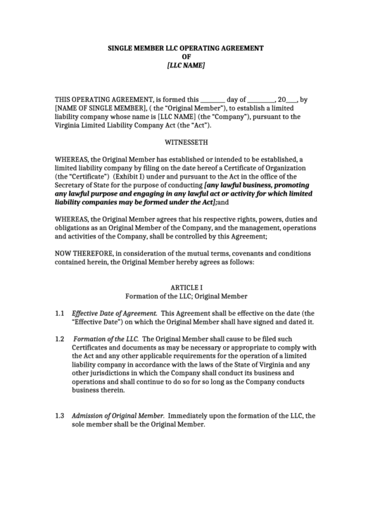 Single Member Llc Operating Agreement Printable pdf