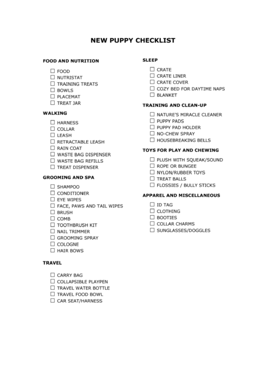 New Puppy Checklist Printable pdf