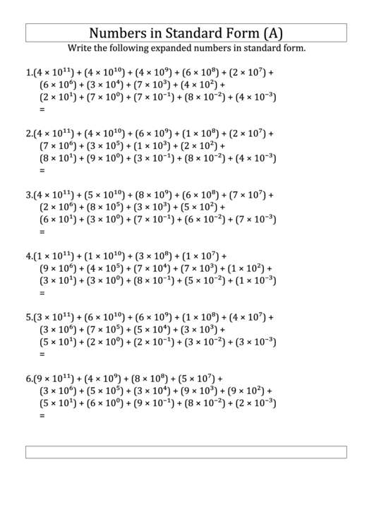 Numbers In Standard Form A Printable pdf