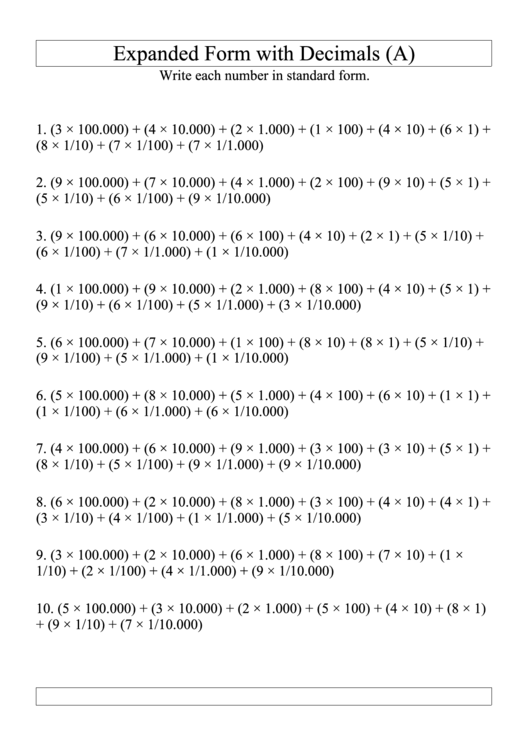 Expanded Form With Decimals A Printable pdf