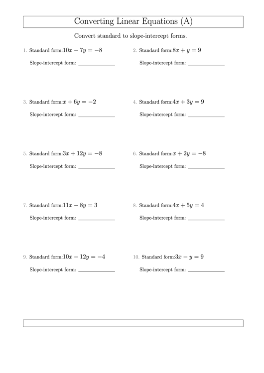 Converting Linear Equations Worksheet Template Printable pdf