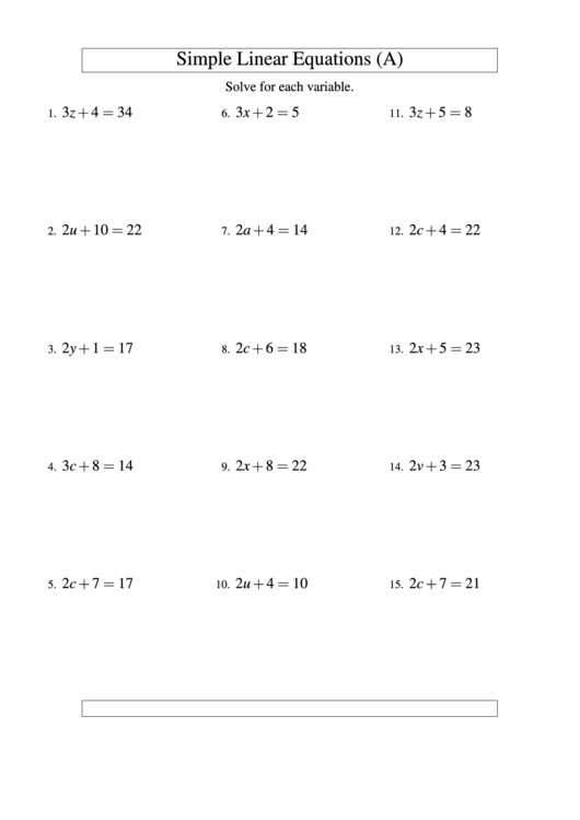 Simple Linear Equations Worksheet Printable pdf