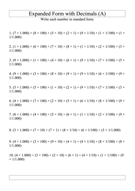 Expanded Form With Decimals (A Printable pdf