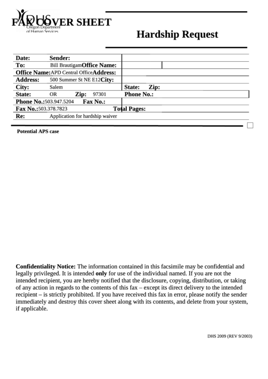 Fax Cover Sheet - Hardship Request Printable pdf