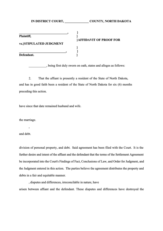 Fillable Affidavit Of Proof For Stipulated Judgment Printable pdf