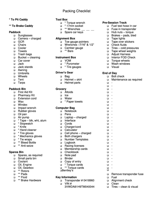 Packing Checklist Printable pdf